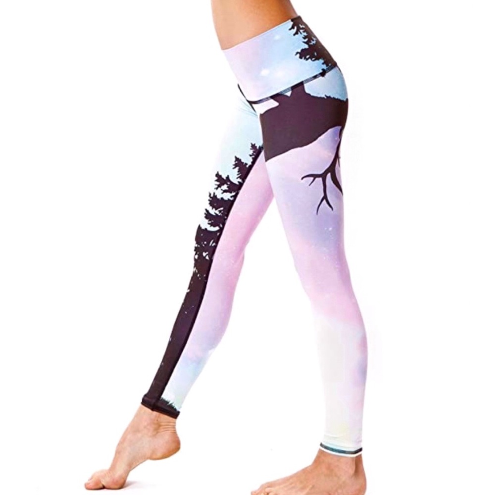 Teeki northern lights colorful sky black tree moose yoga hot pants leggings